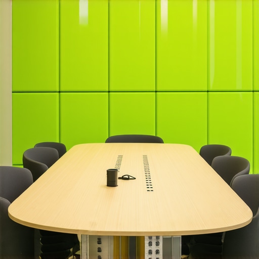 A futuristic conference room with flexible furniture, acoustic optimization, and eco-friendly technology