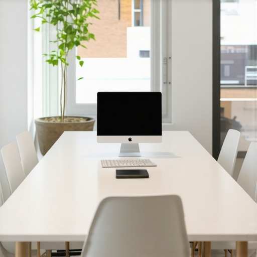 A sleek, modern coworking meeting room equipped with smart technology and flexible furniture