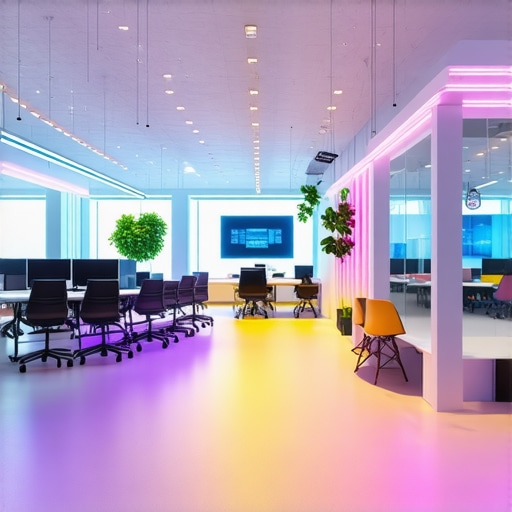 A modern coworking environment featuring AI and AR tools for immersive collaboration