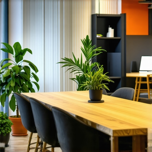 A futuristic coworking space featuring natural light, plants, and advanced collaboration technology.