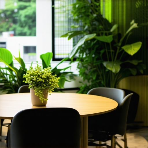 A futuristic coworking conference room with adaptive lighting, plants, and flexible furniture.