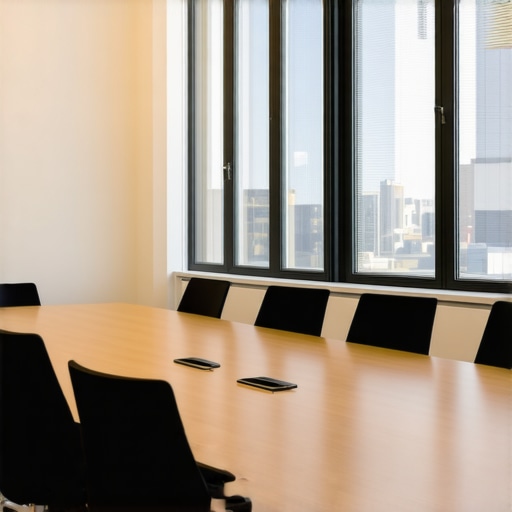 A contemporary conference room with modular furniture, large screens, and natural lighting.