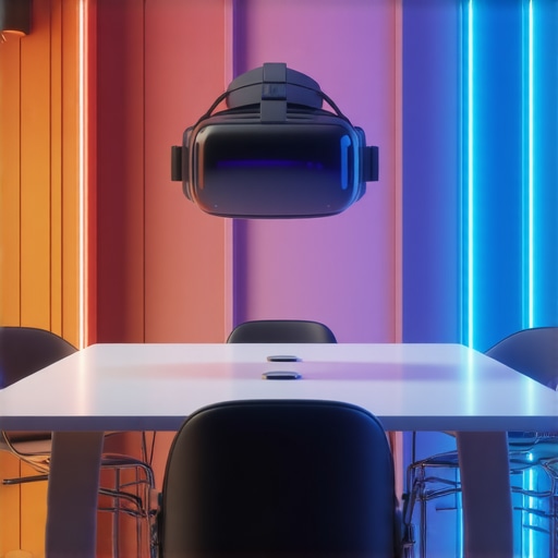 A modern, high-tech conference room equipped with AI tools and virtual reality headsets, showcasing innovation