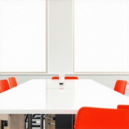A sleek coworking conference room equipped with modern technology, adjustable lighting, and soundproofing.