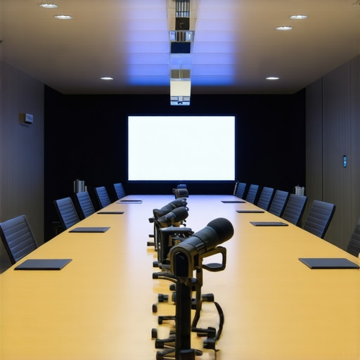 High-Tech Conference Room Ready for Action A sleek and modern conference room equipped with microphones, a camera, and lighting for optimal meetings.