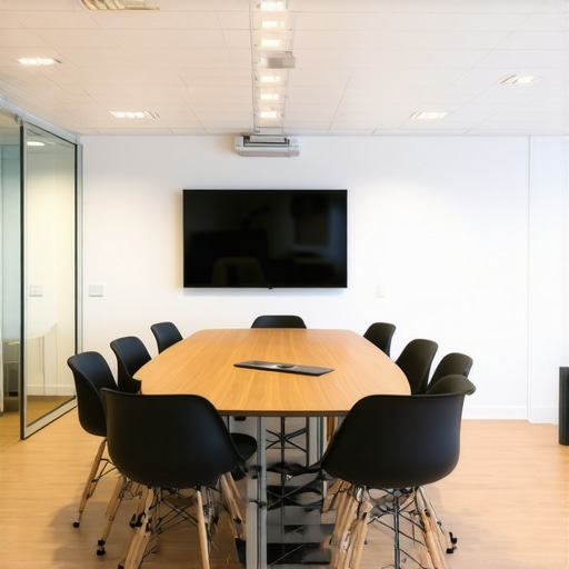 A sleek coworking conference room equipped with maintenance and management tools, reflecting organization and professionalism