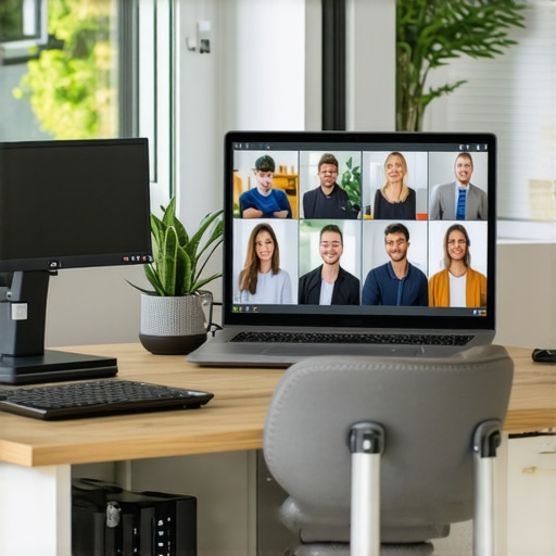 A vibrant virtual meeting with team members in their home offices, showing active participation and connection.