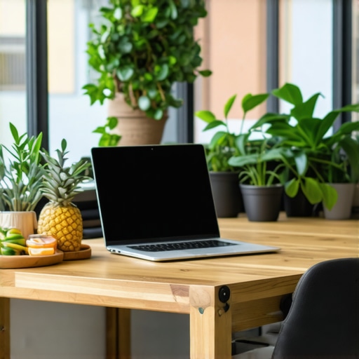 Bright coworking desk with ergonomic setup, plants, and healthy snacks, promoting focus and energy.
