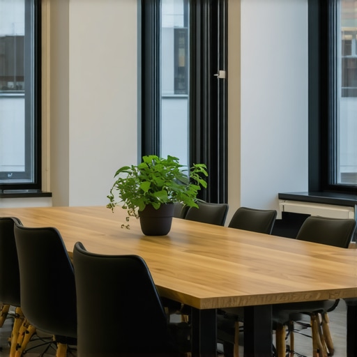 A modern startup conference room illuminated by natural light with adjustable furniture and high-tech whiteboards.