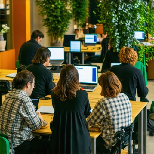 Team members working together in a high-tech coworking environment with laptops and collaboration tools.