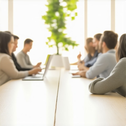 A diverse team brainstorming in a modern coworking conference room with collaborative technology.