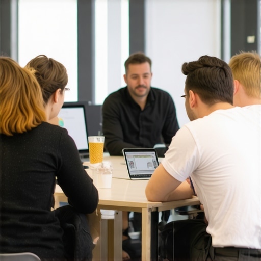 A team working together in a contemporary coworking environment with open desks and meeting areas