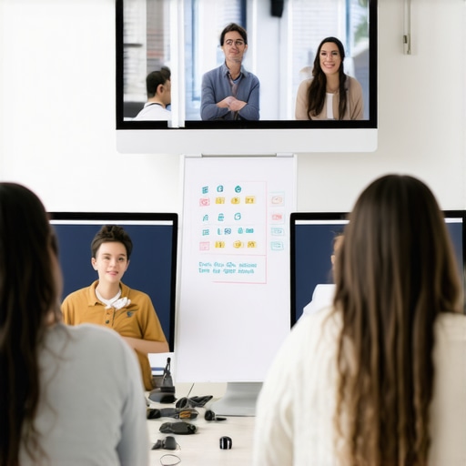 Team collaborating in a hybrid conference room with screens and whiteboards.