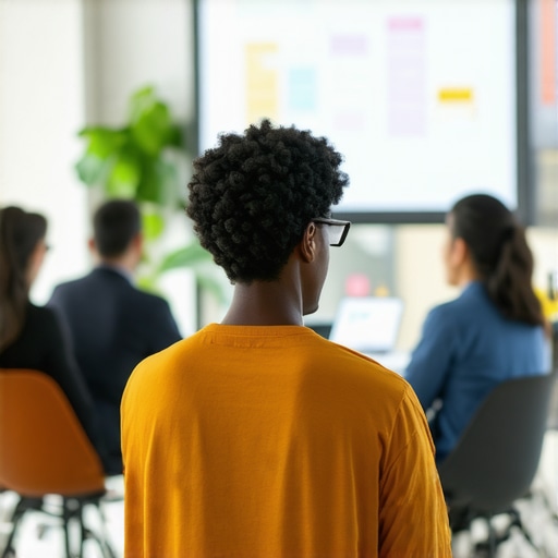 Startup founder delivering a pitch to investors in a contemporary coworking environment.
