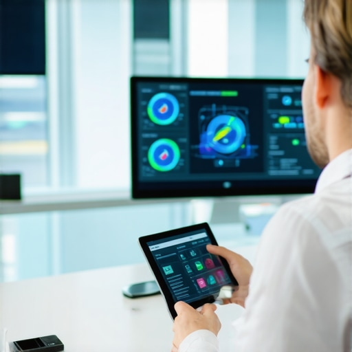 Modern conference room featuring IoT sensors and control panels for maintenance