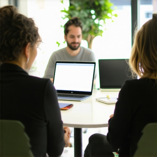 Team collaborating in a well-designed coworking space with natural light.