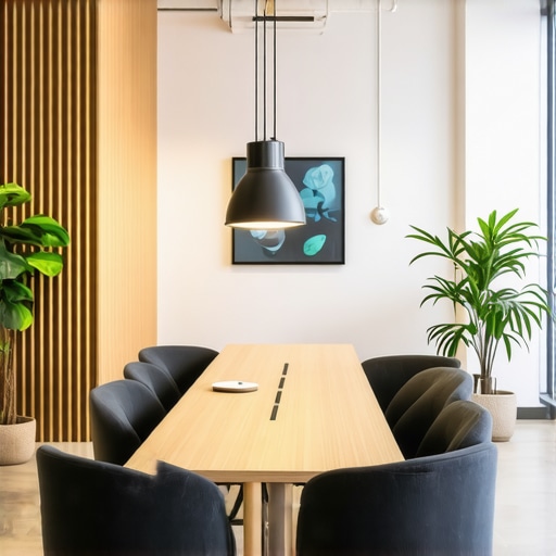 A contemporary coworking area with ergonomic furniture, natural light, and a collaborative atmosphere