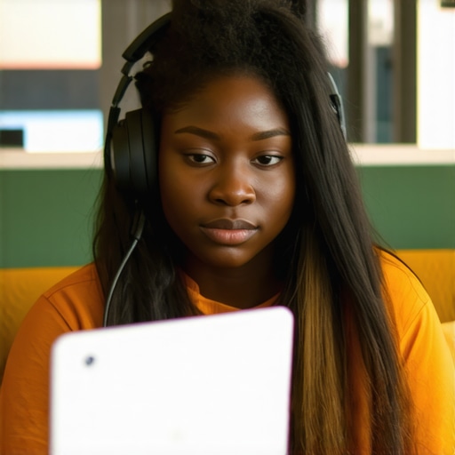 A person with headphones concentrating on their tasks in a modern coworking environment.