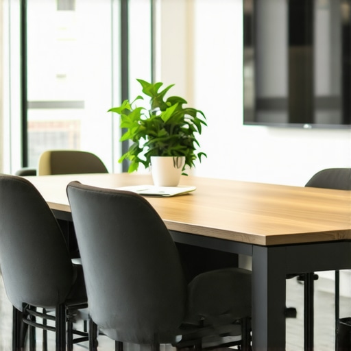 Contemporary conference room with natural light, ergonomic chairs, and technological tools for collaboration.