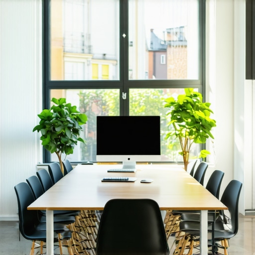A bright, well-equipped coworking conference room with natural lighting and ergonomic furniture