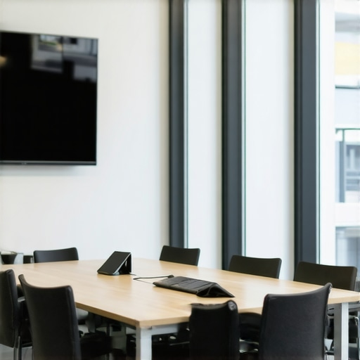 A well-designed modern conference room with flexible furniture, whiteboards, and tech equipment.