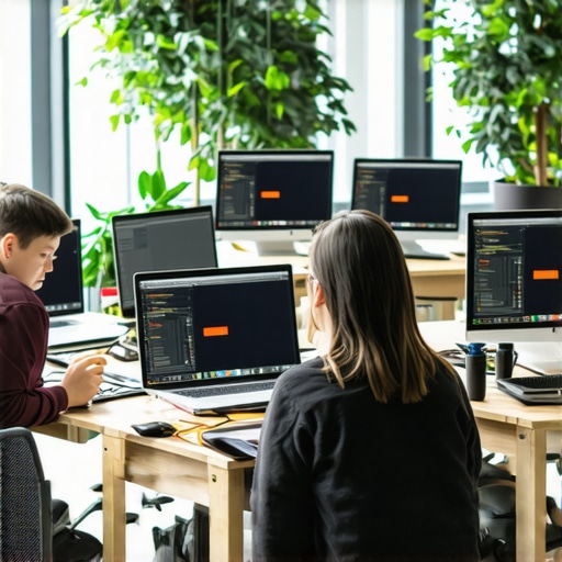 Maintaining Tech in a Coworking Environment A group of professionals monitoring devices and network tools in a coworking setup