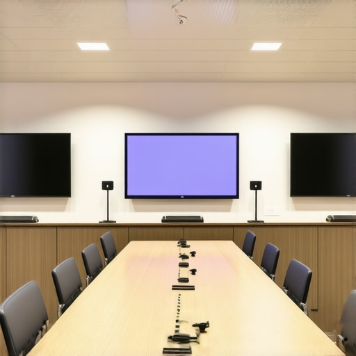 A sleek coworking space setup with professional AV tech and flexible furniture for meetings.
