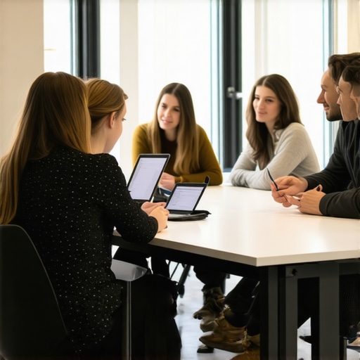 A group of entrepreneurs collaborating in a sleek coworking conference room