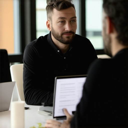 Entrepreneur negotiating rates with a venue manager in a contemporary office space