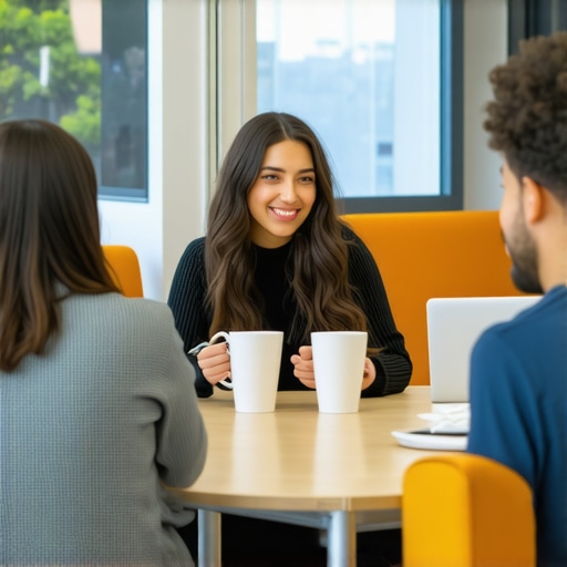 Entrepreneurs engaging in casual conversation over coffee in a modern coworking environment.