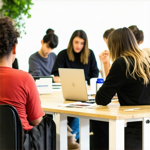 Professionals engaging and collaborating in a lively coworking environment.