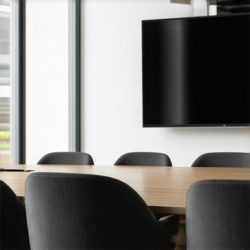 A bright, modern conference room equipped with collaborative furniture and tech tools