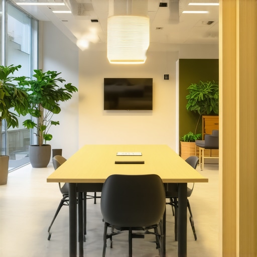 A well-lit startup conference room with natural and artificial lighting