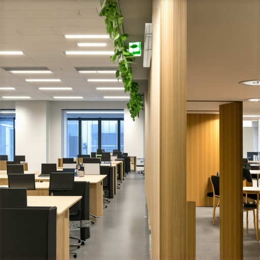 A well-designed open office with distinct zones for focused work and collaboration