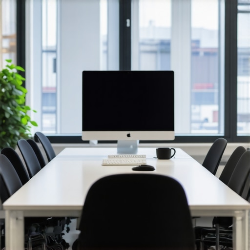 A bright, well-arranged meeting space with comfortable chairs, large screen, and creative decorations.