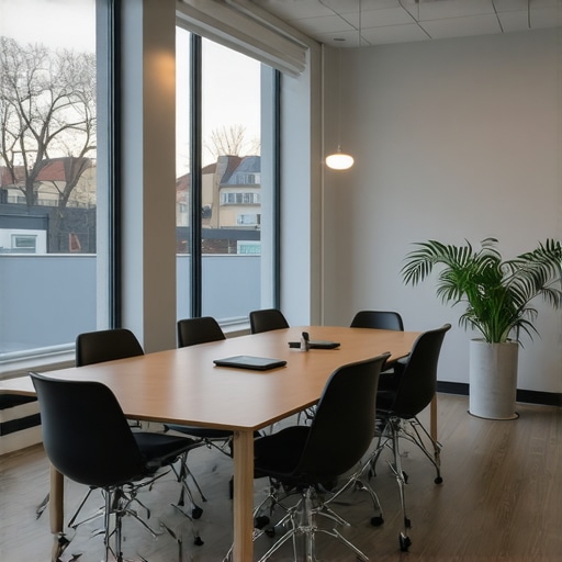 Optimized Startup Meeting Space A modern, well-lit conference room with ergonomic chairs and integrated technology for startups.