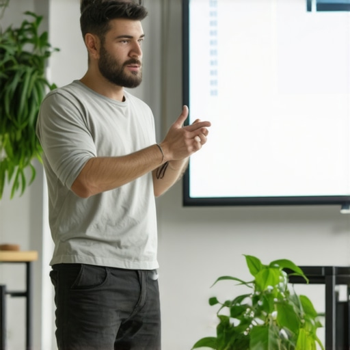 Founder rehearsing a startup pitch in a shared coworking environment with visual aids