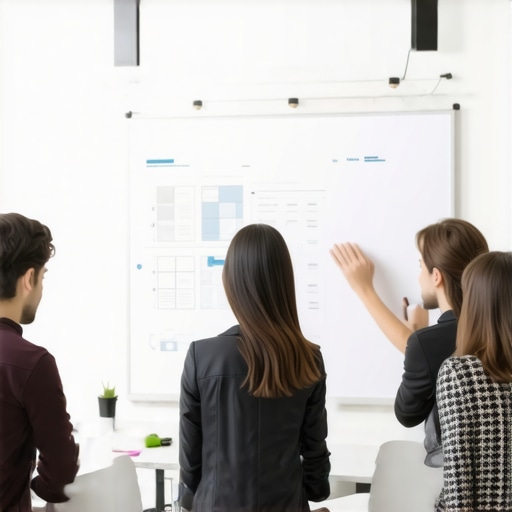 Startup team rehearsing their pitch in a sleek conference room with visual aids
