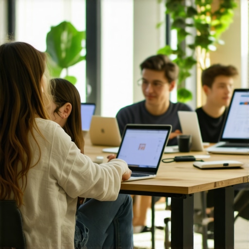 Team working together virtually on laptops with video conferencing and digital collaboration tools