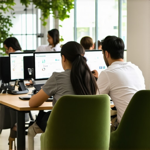 Team members using digital tools in a coworking space