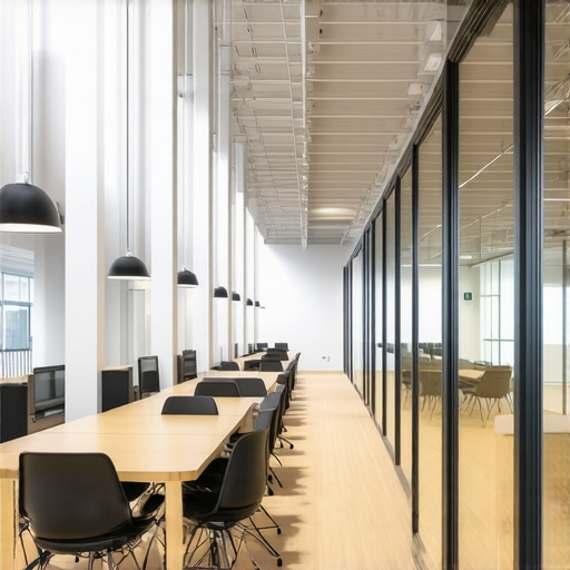 Interior of a coworking space featuring secure private meeting rooms and advanced internet security features.