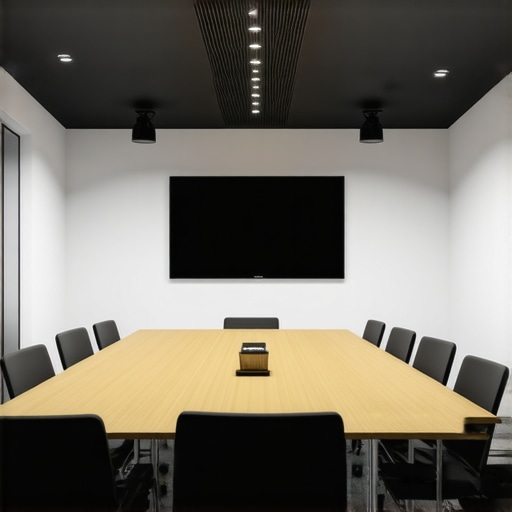 High-tech conference room with IoT sensors and AV equipment