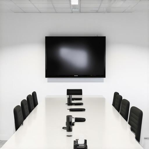 A high-tech conference room with monitors, microphones, and sleek furniture