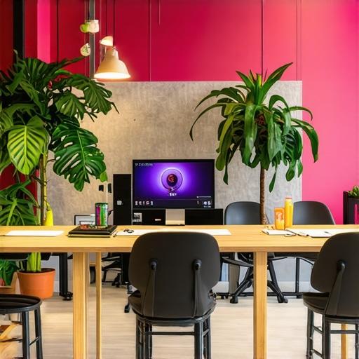 A modern coworking space featuring smart lighting and tech devices