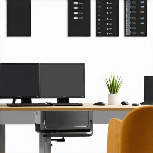 A sleek coworking environment showcasing digital room booking panels and organized workstations