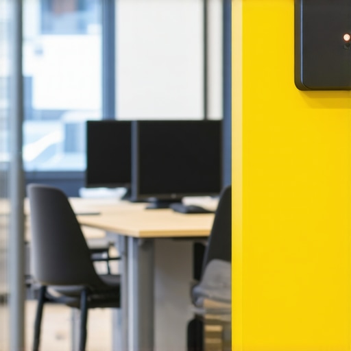 Illustration of a modern coworking space equipped with occupancy sensors and advanced tech tools