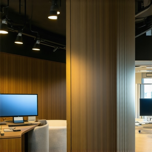 A high-tech coworking environment with real-time data screens and organized meeting spaces
