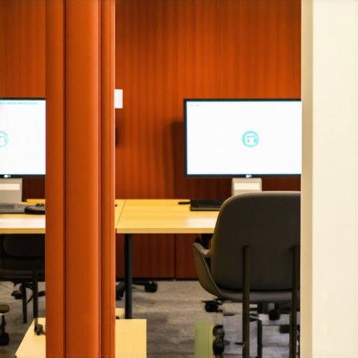 A contemporary coworking space with acoustic panels, private meeting booths, and collaborative zones.