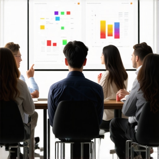 A diverse group of startup team members reviewing a structured agenda on a screen during a meeting