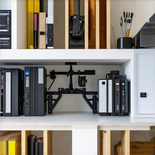 A clean, organized coworking space featuring modern tech tools like high-quality microphones, scanners, and sleek furniture.